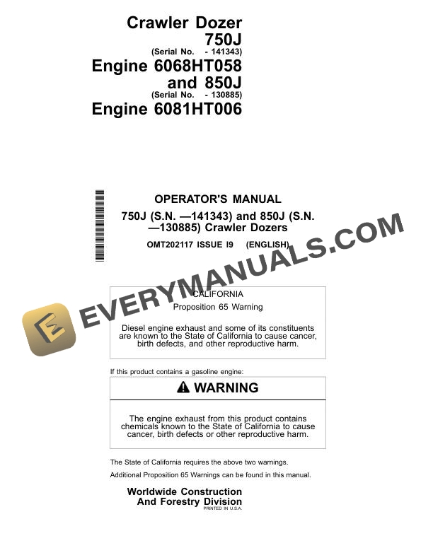 John Deere 750J 850J Crawler Dozer Operator Manual OMT202117