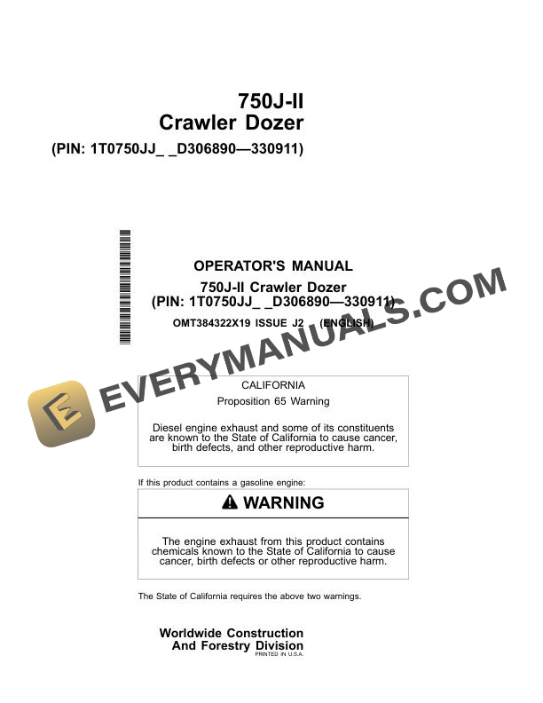 John Deere 750J II Crawler Dozer Operator Manual OMT384322X19