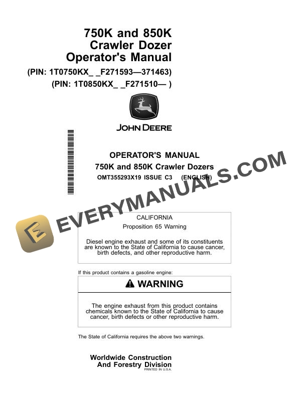 John Deere 750K, 850K Crawler Dozer Operator Manual OMT355293X19