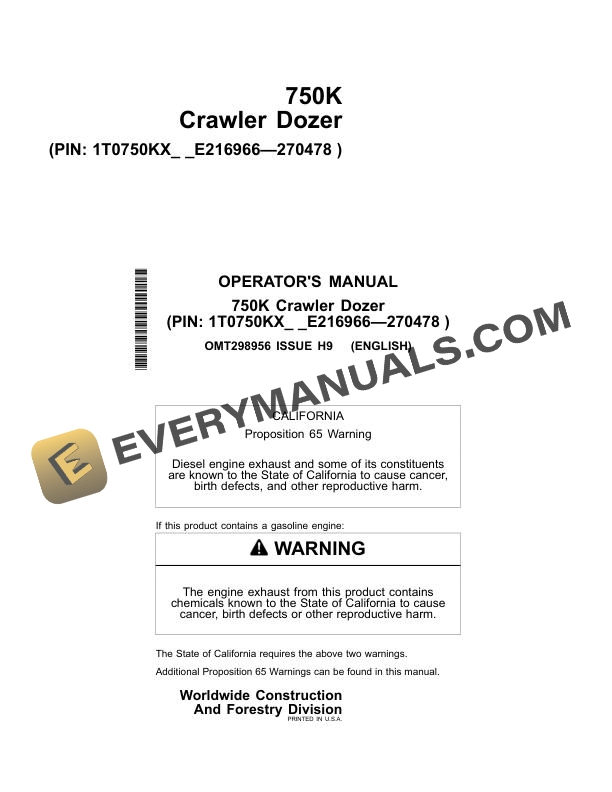 John Deere 750K Crawler Dozer Operator Manual OMT298956