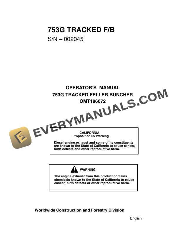 John Deere 753G Tracked Feller Buncher Operator Manual OMT186072