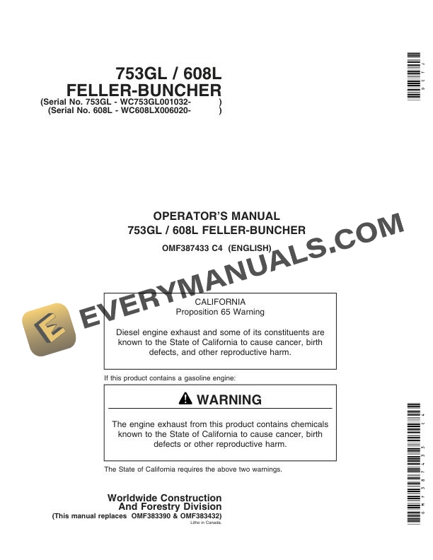 John Deere 753GL, 608L Feller Buncher Operator Manual OMF387433