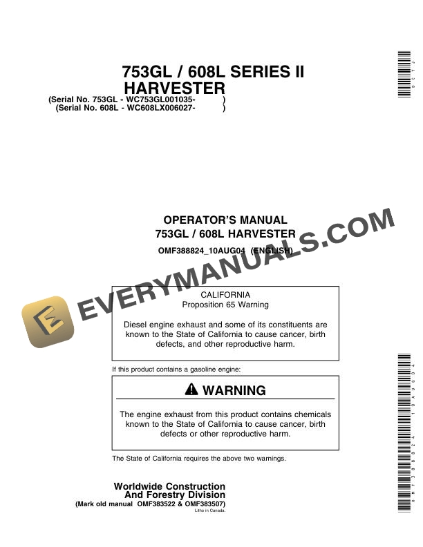 John Deere 753GL 608L Series II Harvester Operator Manual OMF388824