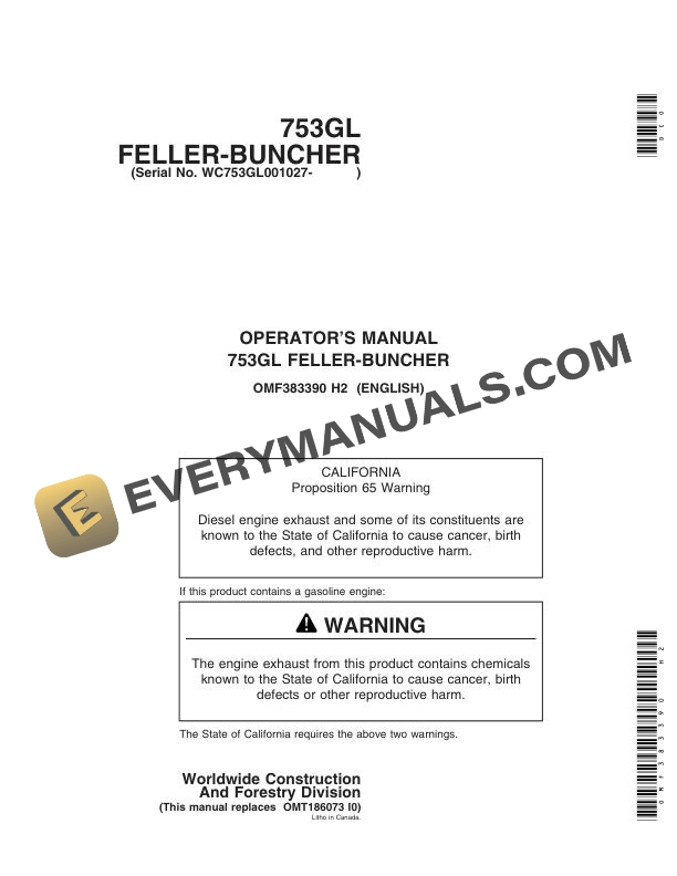 John Deere 753GL Feller Buncher Operator Manual OMF383390