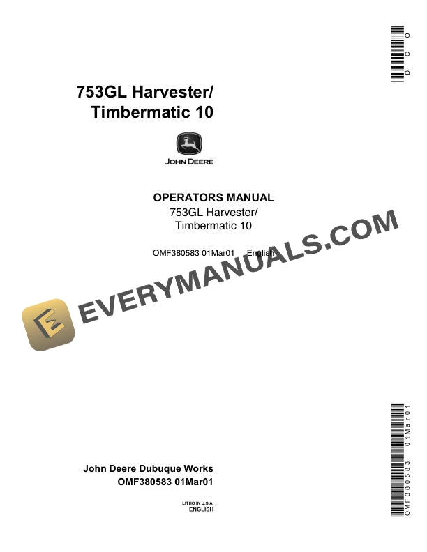 John Deere 753GL Harvester Timbermatic 10 Operator Manual OMF380583