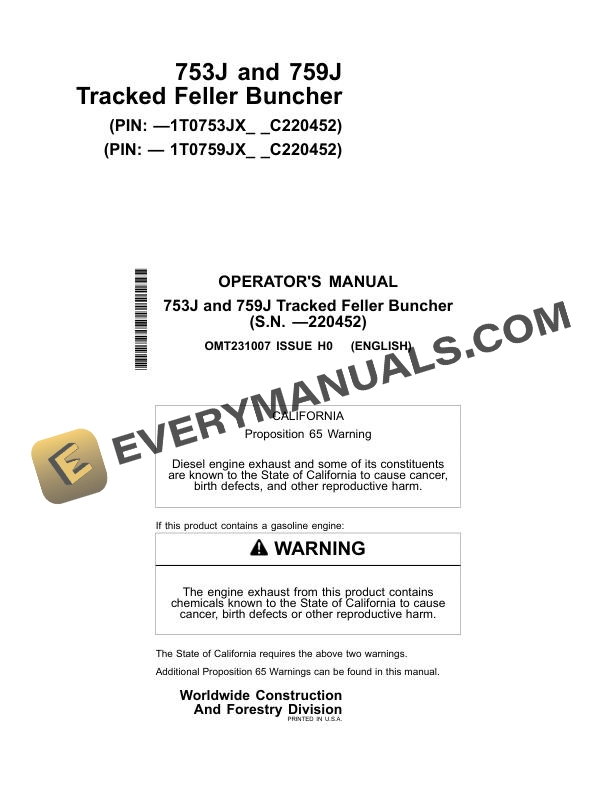 John Deere 753J 759J Tracked Feller Buncher Operator Manual OMT231007