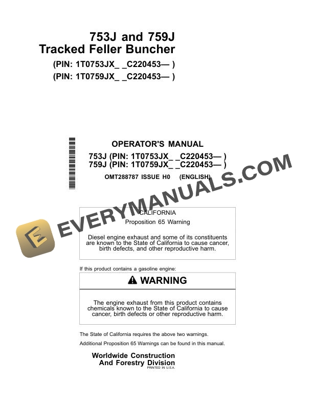 John Deere 753J 759J Tracked Feller Buncher Operator Manual OMT288787