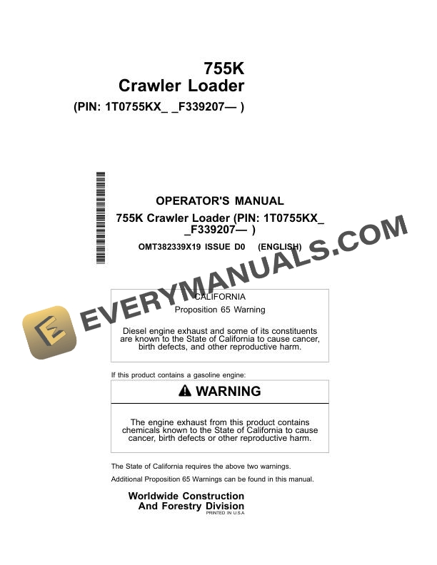 John Deere 755K Crawler Loader Operator Manual OMT382339X19