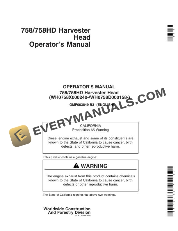 John Deere 758 758HD Harvester Head Operator Manual OMF063849