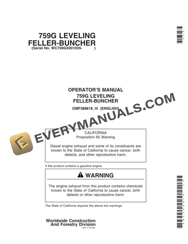 John Deere 759G Leveling Feller Buncher Operator Manual OMF388818
