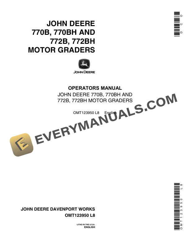 John Deere 770B 770BH 772B 772BH Motor Grader Operator Manual OMT123950