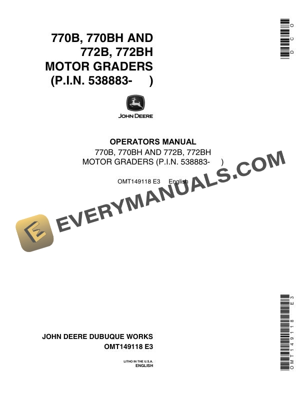 John Deere 770B 770BH 772B 772BH Motor Grader Operator Manual OMT149118