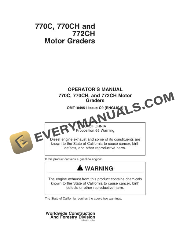 John Deere 770C 770CH 772CH Motor Grader Operator Manual OMT184951