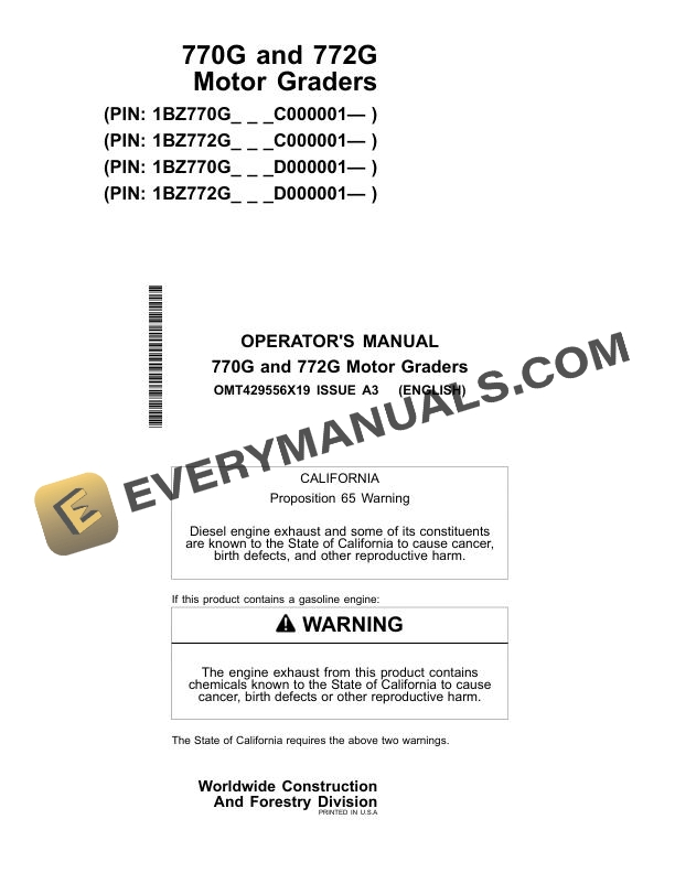 John Deere 770G 772G Motor Grader Operator Manual OMT429556X19