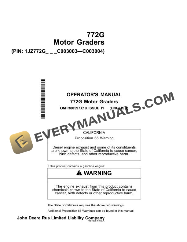 John Deere 772G Motor Grader Operator Manual OMT380597X19