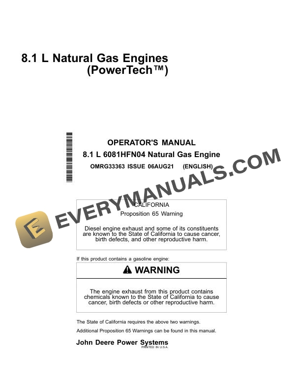 John Deere 8.1L 6081HFN04 Natural Gas Engine Operator Manual OMRG33363