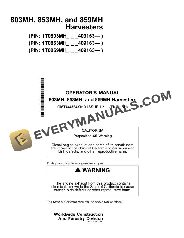 John Deere 803MH 853MH 859MH Harvester Operator Manual OMT444764X019