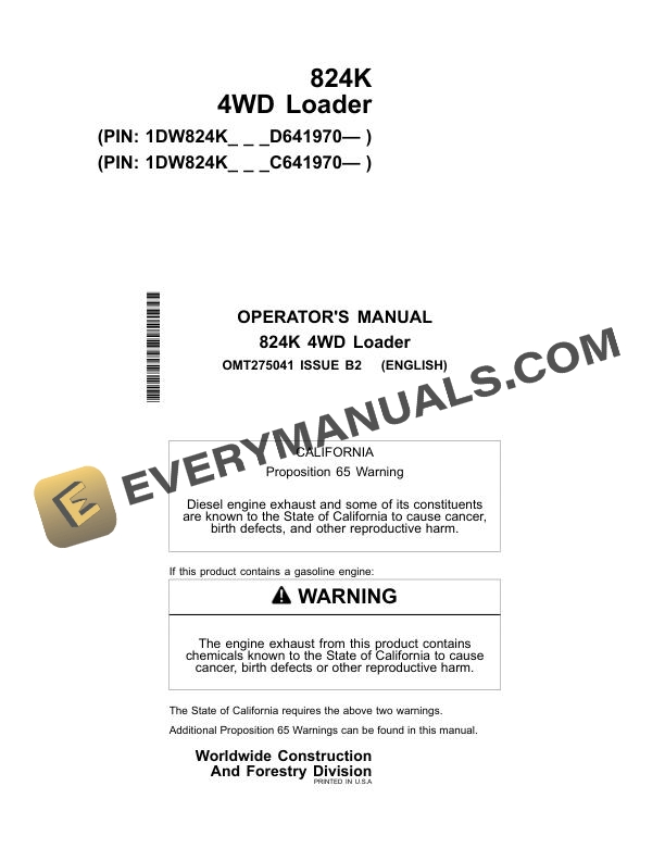John Deere 824K 4WD Loader Operator Manual OMT275041 1 John Deere 824K 4WD Loader Operator Manual OMT275041