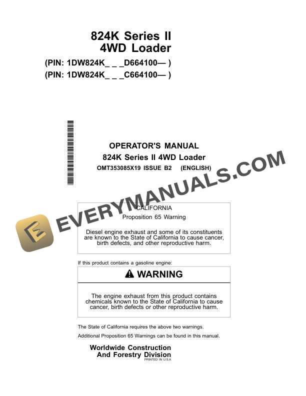 John Deere 824K Series II 4WD Loader Operator Manual OMT353085X19