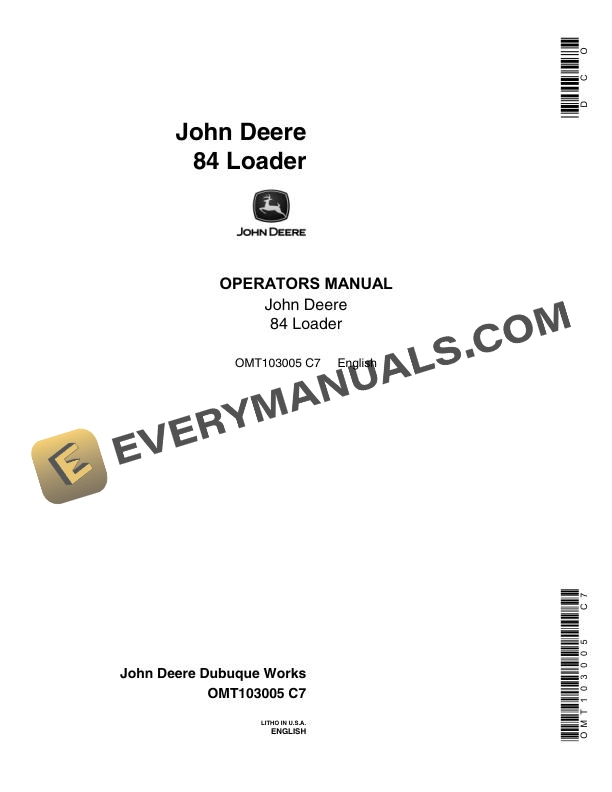 John Deere 84 Loader Operator Manual OMT103005