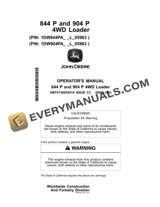 John Deere 844 P, 904 P 4WD Loader Operator Manual OMT473605X019
