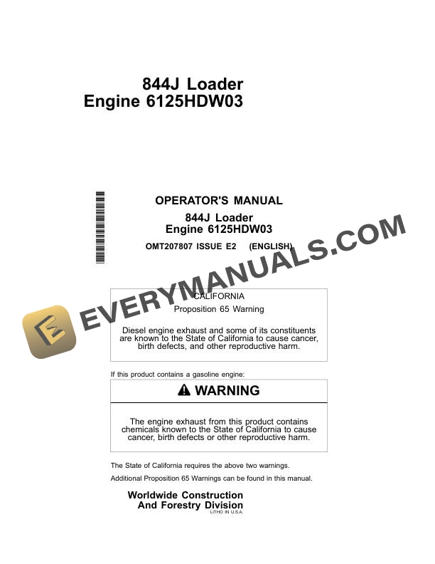 John Deere 844J Loader Operator Manual OMT207807