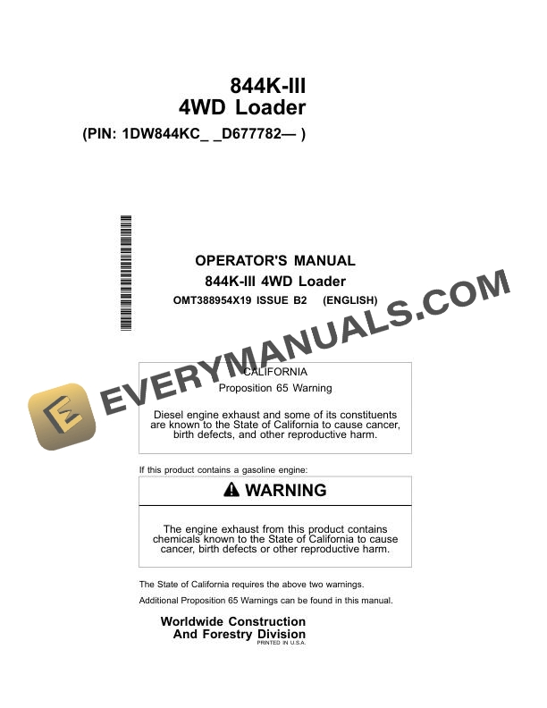 John Deere 844K-III 4WD Loader Operator Manual OMT388954X19 2 John Deere 844K III 4WD Loader Operator Manual OMT388954X19
