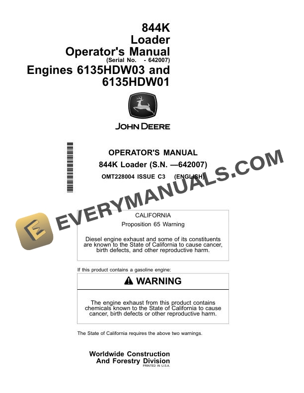 John Deere 844K Loader Operator Manual OperatorManualOMT228004