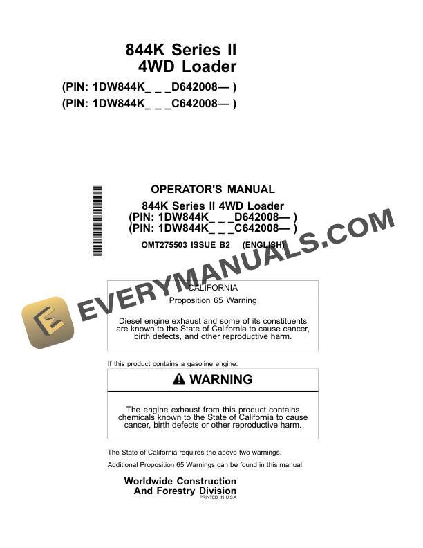 John Deere 844K Series II 4WD Loader Operator Manual OMT275503