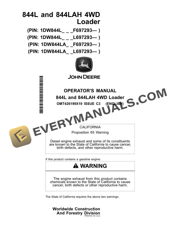 John Deere 844L, 844LAH 4WD Loader Operator Manual OMT426199X19