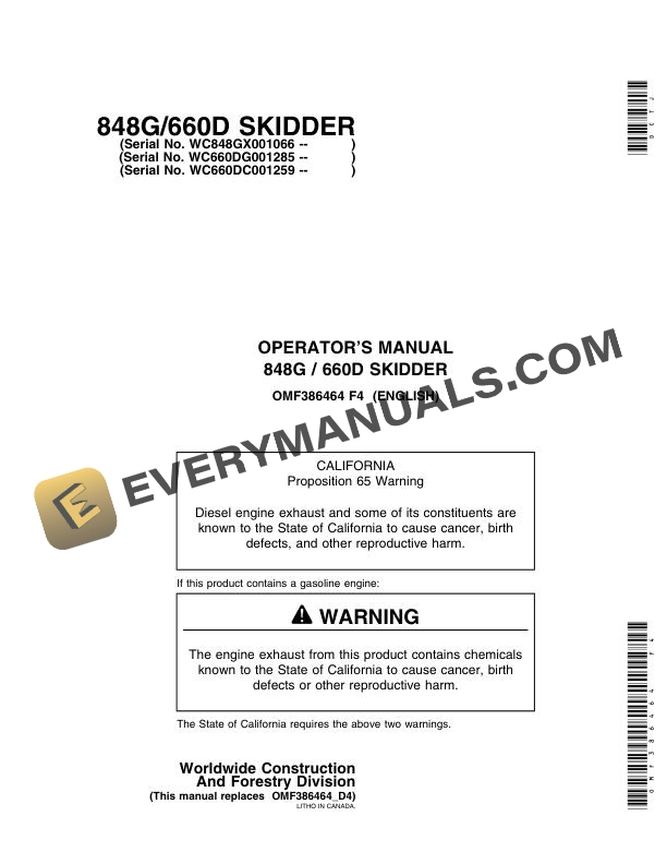 John Deere 848G 660D Skidder Operator Manual OMF386464