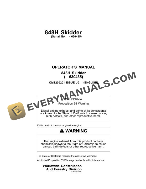 John Deere 848H Skidder Operator Manual OMT230201