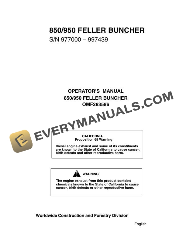 John Deere 850, 950 Feller Buncher Operator Manual OMF283586