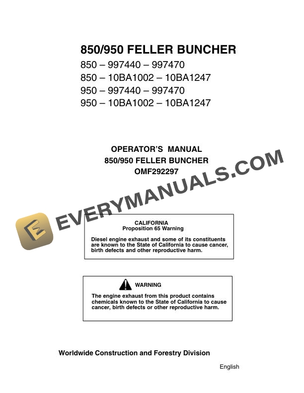 John Deere 850 950 Feller Buncher Operator Manual OMF292297