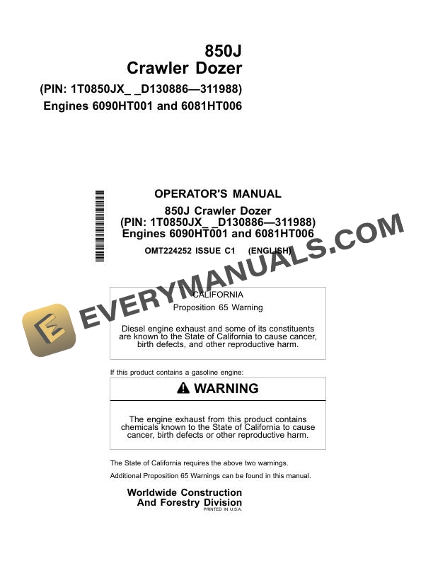 John Deere 850J Crawler Dozer Operator Manual OMT224252 2 John Deere 850J Crawler Dozer Operator Manual OMT224252