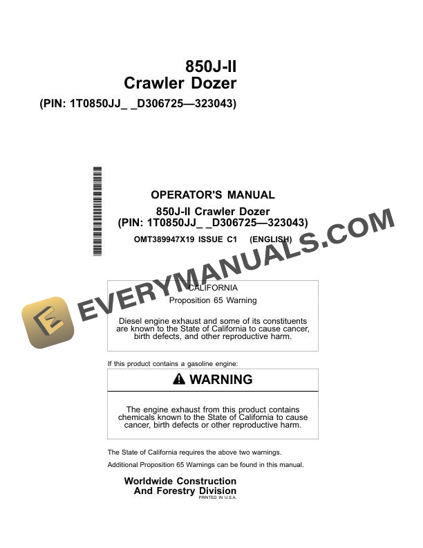 John Deere 850J II Crawler Dozer Operator Manual OMT389947X19