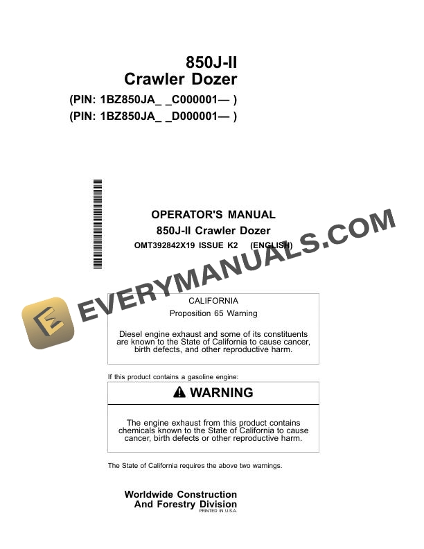 John Deere 850J-II Crawler Dozer Operator Manual OMT392842X19 2 John Deere 850J II Crawler Dozer Operator Manual OMT392842X19