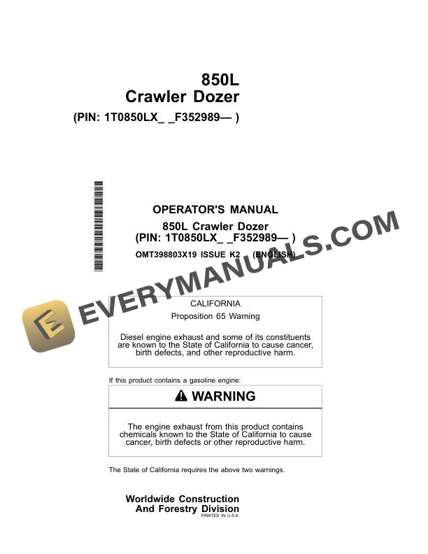 John Deere 850L Crawler Dozer Operator Manual OMT398803X19