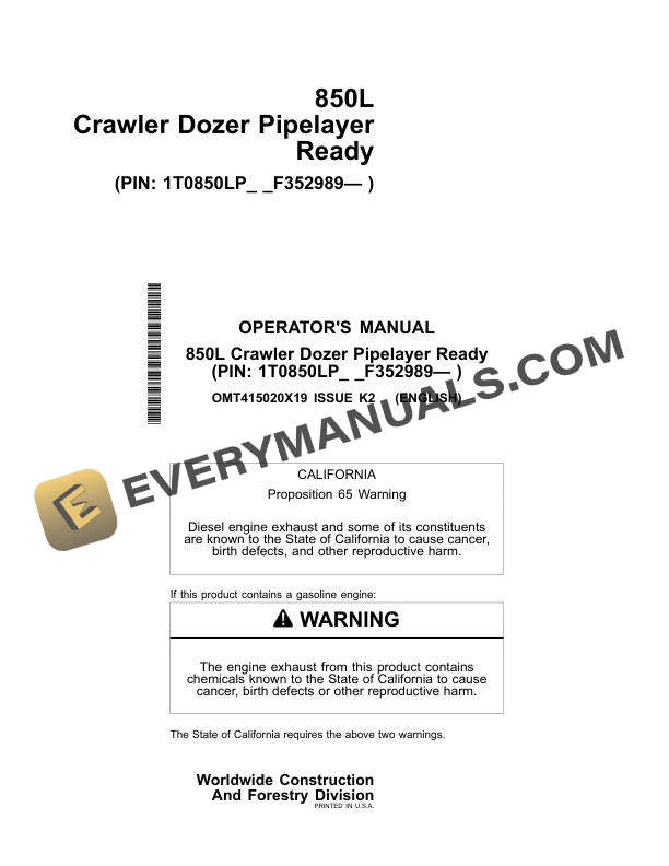 John Deere 850L Crawler Dozer Pipelayer Ready Operator Manual OMT415020X19