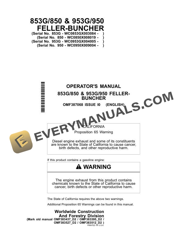John Deere 853G, 850, 953G, 950 Feller Buncher Operator Manual OMF387068