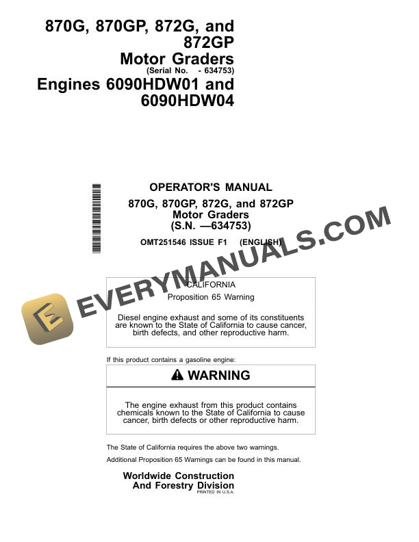 John Deere 870G 870GP 872G 872GP Motor Grader Operator Manual OMT251546
