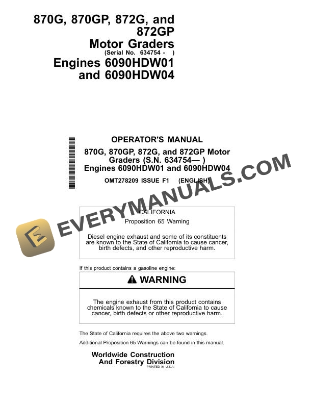 John Deere 870G 870GP 872G 872GP Motor Grader Operator Manual OMT278209