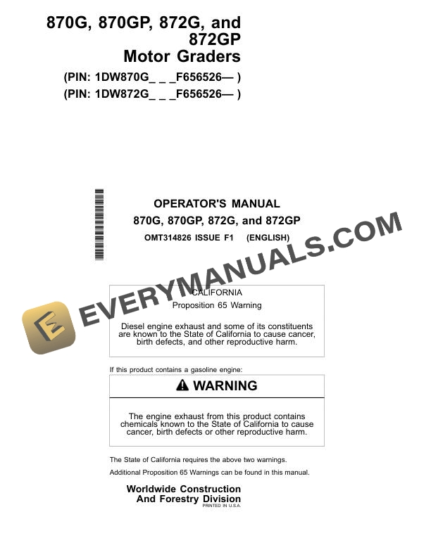 John Deere 870G 870GP 872G 872GP Motor Grader Operator Manual OMT314826