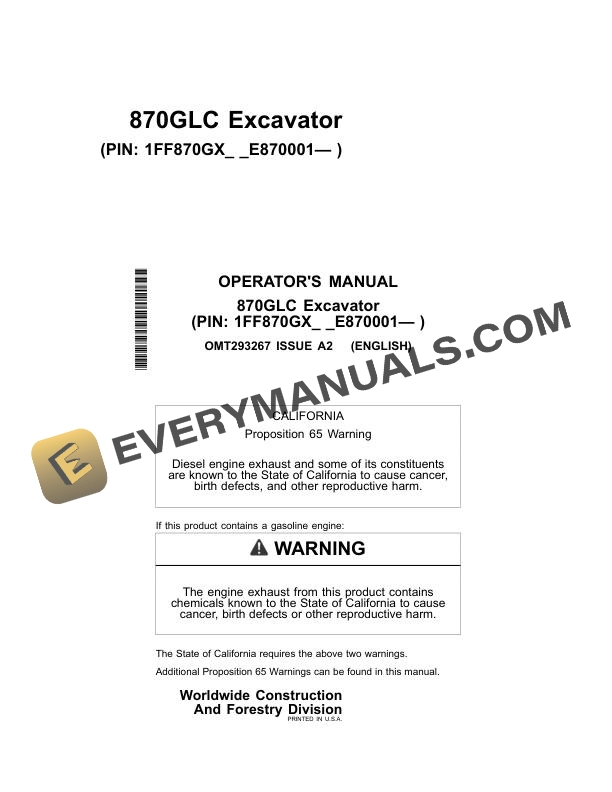 John Deere 870GLC Excavator Operator Manual OMT293267