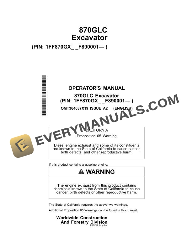 John Deere 870GLC Excavator Operator Manual OMT364687X19