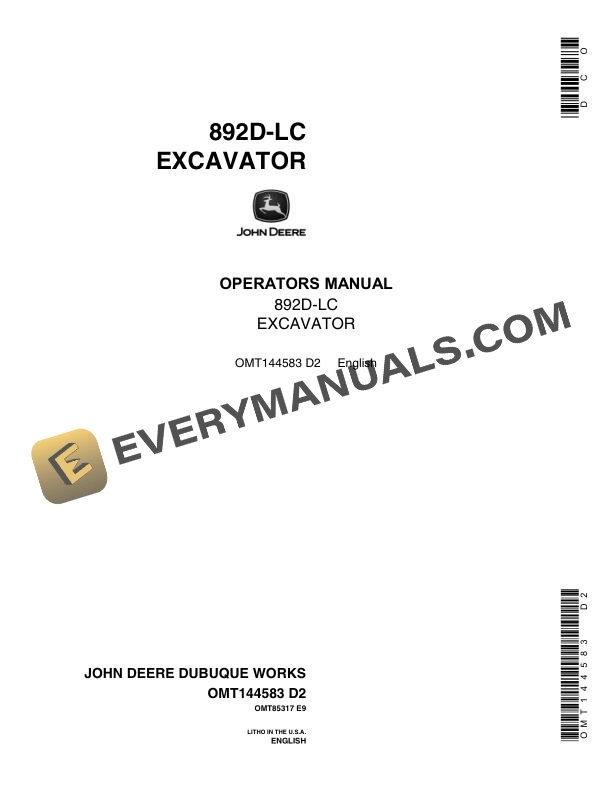 John Deere 892D-LC Excavator Operator Manual OMT144583
