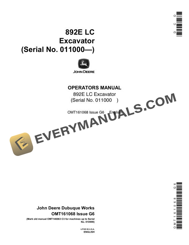 John Deere 892E LC Excavator Operator Manual OMT161068