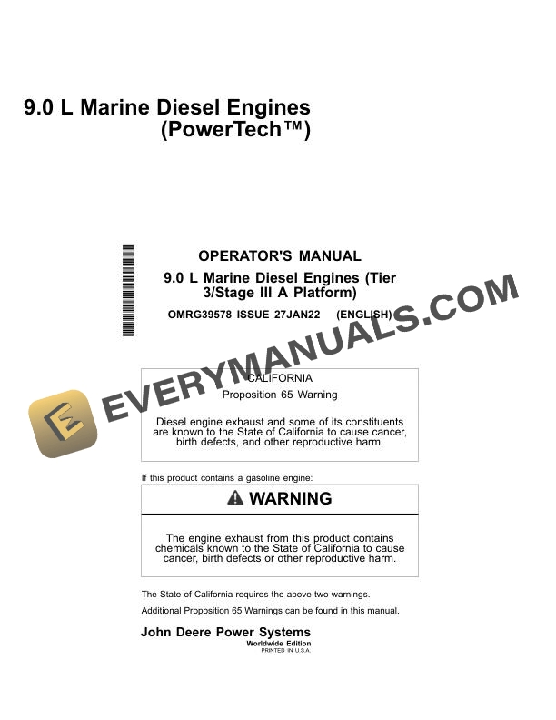 John Deere 9.0L Marine Diesel Engine (Tier 3 Stage III A Platform) Operator Manual OMRG39578