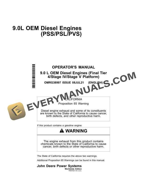 John Deere 9.0L OEM Diesel Engine (Final Tier 4 Stage IV Stage V Platform) Operator Manual OMRG38997