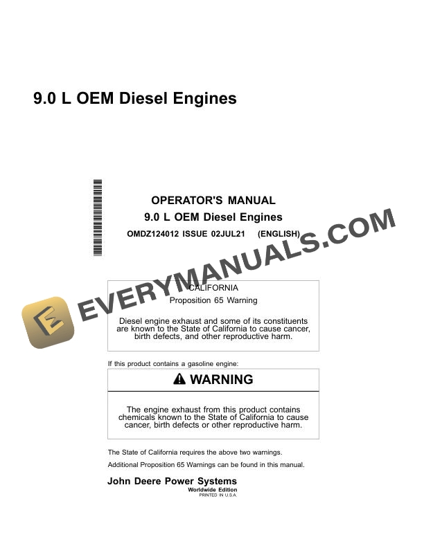 John Deere 9.0L OEM Diesel Engine Operator Manual OMDZ124012